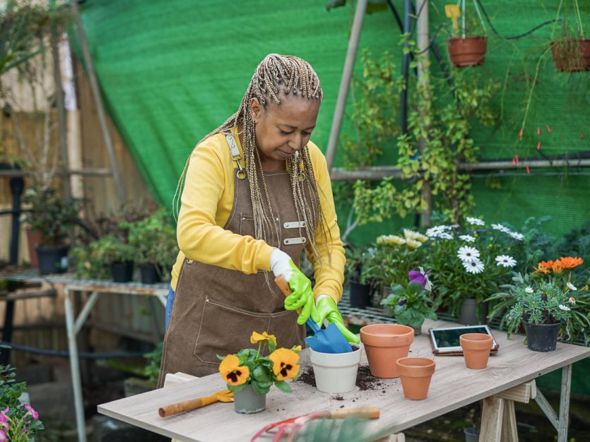 Older adult female potting a plant outdoors.