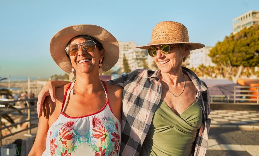 Two women wearing hats and sunglasses