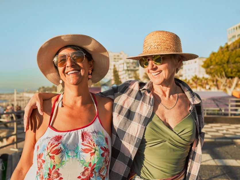 Two women wearing hats and sunglasses